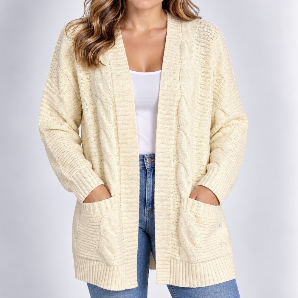 Cream Cable Knit Longline Cardigan Small Open Front Oversized Cozy Pockets